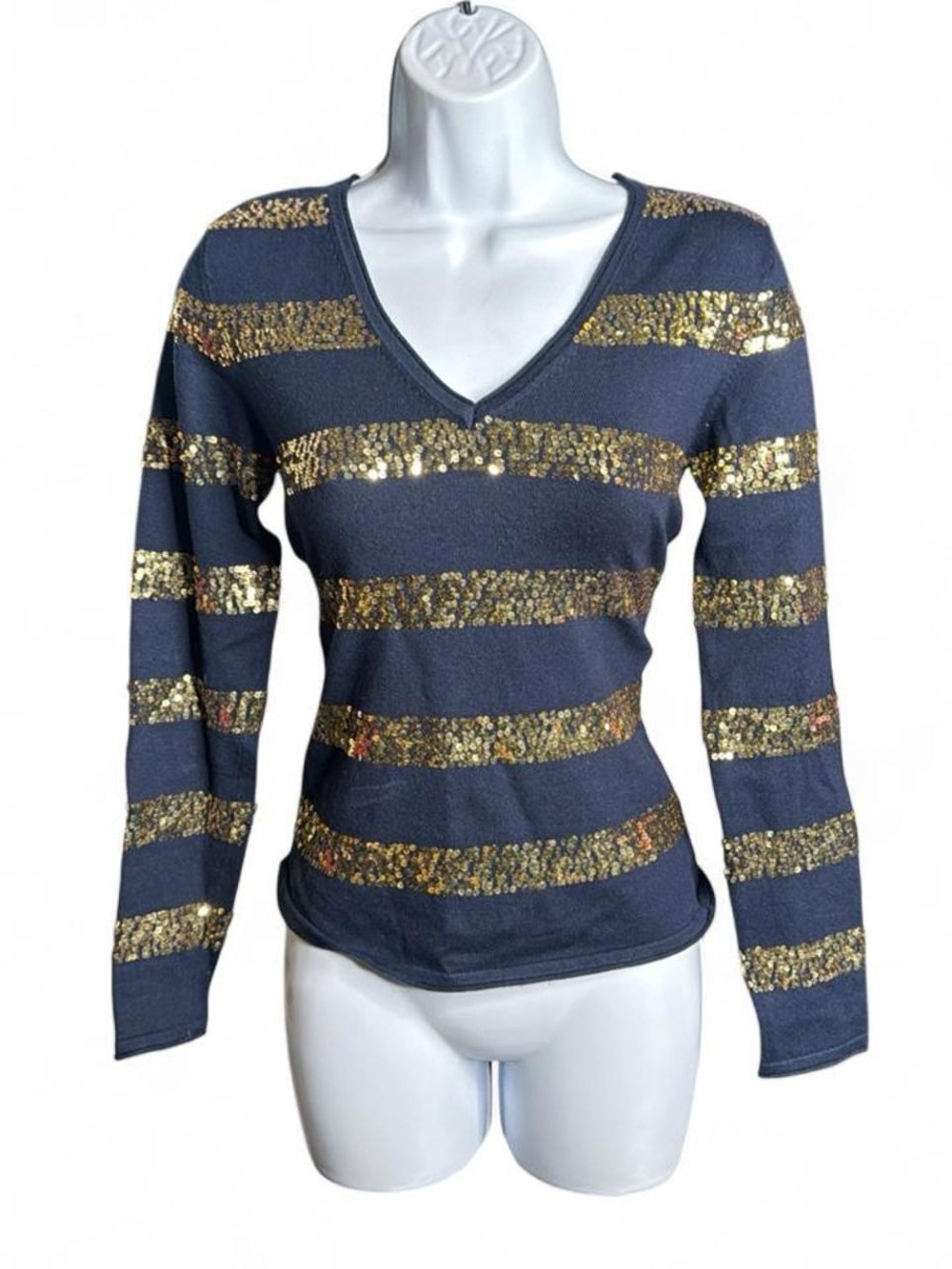 Cache Navy V-Neck Sweater with Gold Sequin Stripes